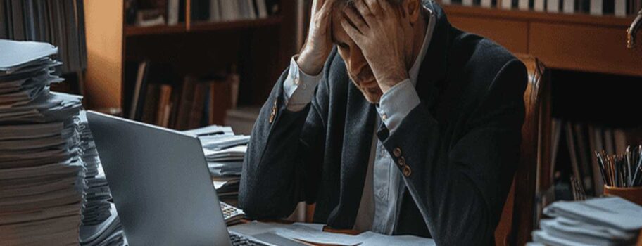Stressed man in an office holding his head in frustration, surrounded by papers and a laptop.