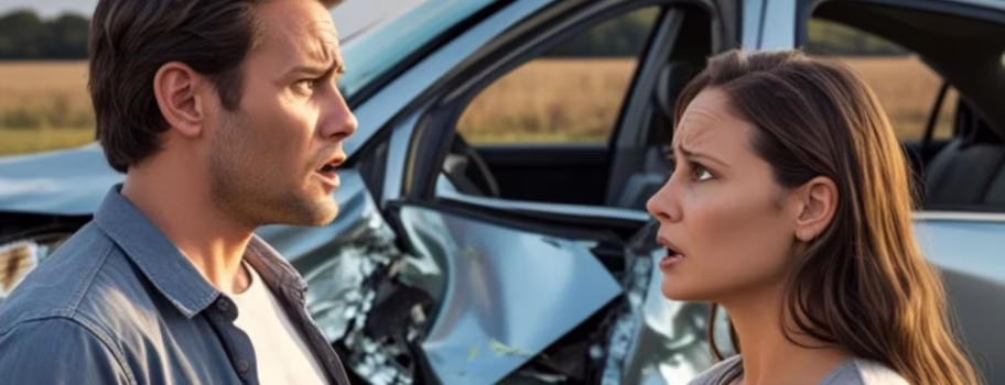 Two people discussing car accident with damaged vehicle in background, illustrating the complications and consequences of excluded driver accidents in Texas