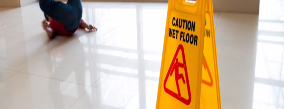 Caution wet floor sign with person who slipped on wet reflective floor