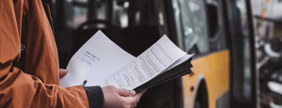 Person holding legal documents in front of damaged public transit bus, illustrating the importance of proper documentation and legal representation for public transportation accident claims