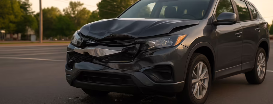 Damaged SUV after a car crash at an intersection.